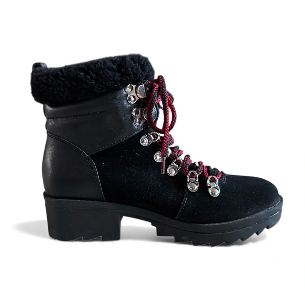 Marc Fisher Suede Faux Fur Fall Winter Boots Lace-Up Lug Sole Black Red Size 5.5